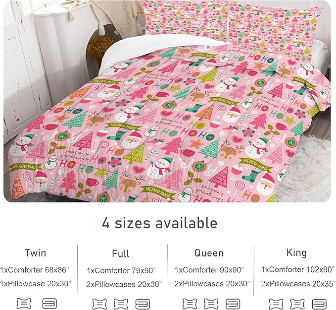 Pink Christmas Comforter Twin: Merry Xmas Santa Claus Bedding Set for Kids Teen Girls Boys Christmas Tree Snowman Elk Quilts Festival Decor Bed Set 1 Comforter & 1 Pillowcase