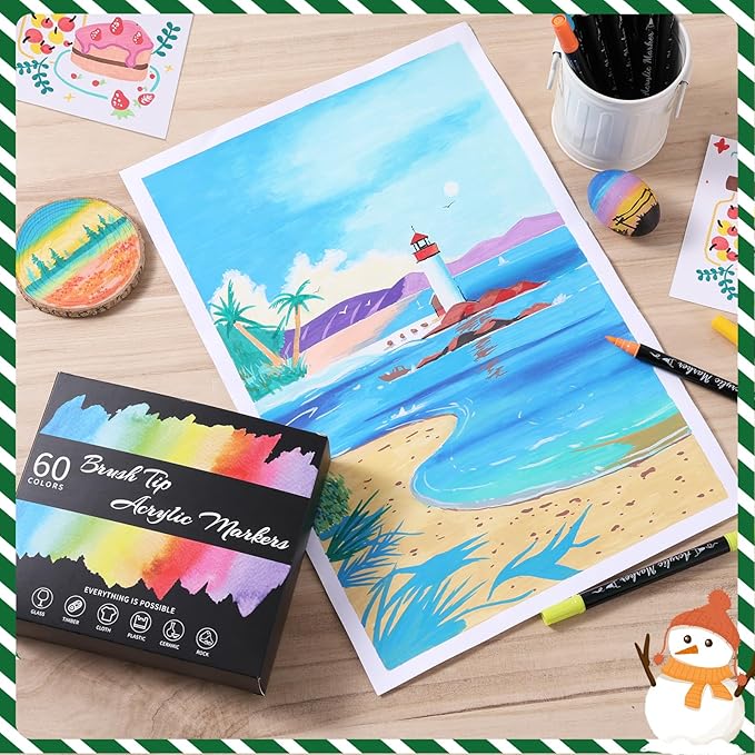 TOSAHRE Acrylic Paint Pens Markers 60 Colors Waterproof Dual Tip Acrylic Markers Set with Brush & Fine Tip Coloring Pens for Rock Painting Wood Scrapbook Fabric Glass Ceramic DIY Craft Art Supplies