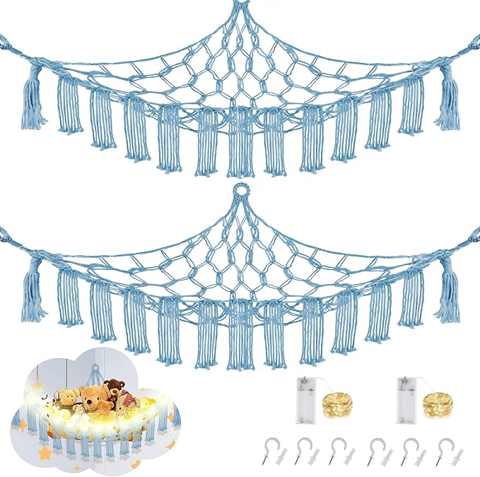 Stuffed Animal Hammock with LED Light, Large Stuffed Animals Storage Corner Plushie Net for Kids Room Decor, 2 Packs Baby Blue