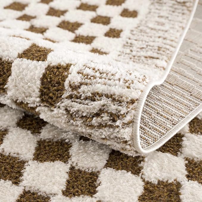 Hauteloom Leryn Living Room, Bedroom Area Rug - Checkered - High Pile - Bone - 7'10" x 10'