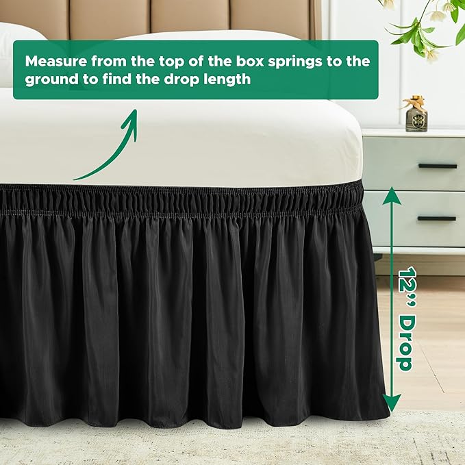 Biscaynebay Wrap Around Bed Skirts for King & Cal King Beds Short Drop of 12", Black Adjustable Elastic Dust Ruffles Easy Fit Wrinkle Resistant Silky Luxurious Fabric Machine Washable