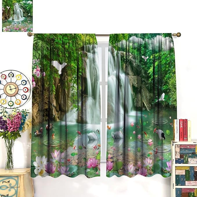 Scenery Waterfall Blackout Curtains, China Country Landscapes Nature Pattern Window Drapes, for Bedroom Living Room 42" W X 45" L