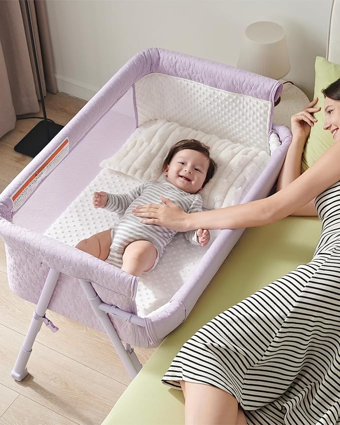 AirClub Bassinet Bedside Sleeper, Baby Crib for Newborn, Baby Bassinets Bedside Sleeper with 4 Auto-Lock & Adjustable Height, Breathable Mesh & Mattress, Bedside Bassinet