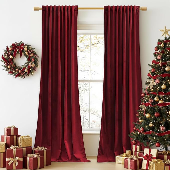 StangH Red Velvet Curtains for Living Room 120 inches Long, Christmas Decor Back Tab Thermal Insulated Room Darkening Privacy Protect Drapes for Bedroom Home Theater, W52 x L120, 2 Panels