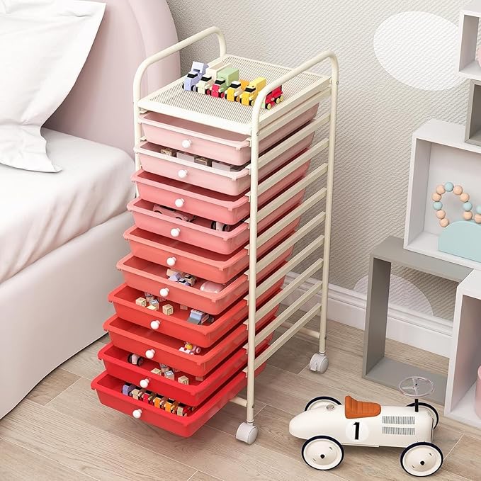 Storage Cart, Rolling Utility Cart with 10 Drawers, Portable Handles & Lockable Wheels, Mobile Paper Toys Storage Organizer Large Capacity for Home Office School Teacher (Gradient Pink)