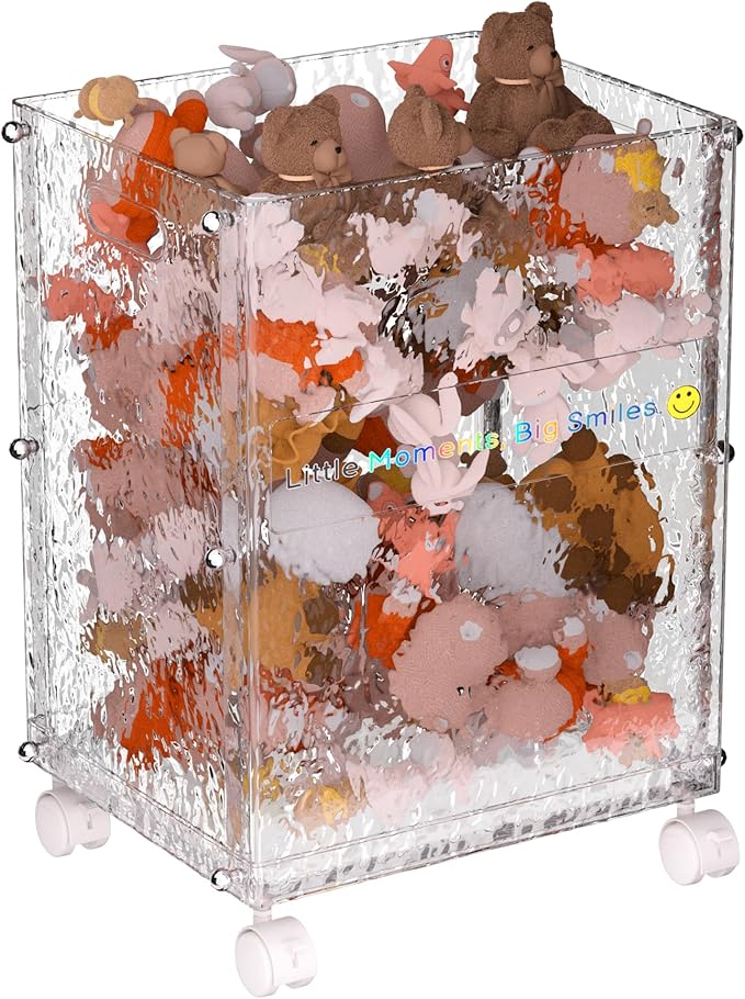 Stuffed Animal Storage with Wheels, Rolling Toy Storage Bin, Slim Tall Kid-Safe, Impact-Resistant Organizer for Playroom/Nursery/Bedroom, 360° Wheels, Fits Yoga Mats & Sports Gear (Glacier)