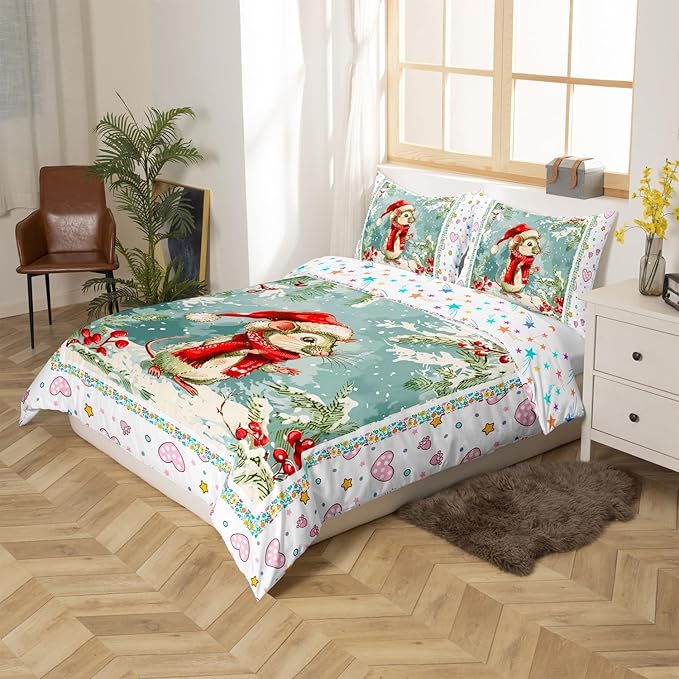 Feelyou Christmas Bedding Set Xmas Tree Snowflake Duvet Cover for Kids Boys Girls Cartoon Mouse Love Print Comforter Cover Cute Animal Bedspread Cover Bedroom Collection 3Pcs King Size,No Comforter