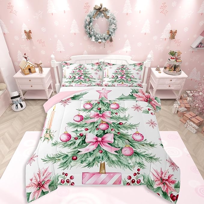 Feelyou Pink Christmas Comforter Set Queen Size Xmas Tree Bedding Set for Kids Boys Girls Xmas Ornaments Duvet Quilt Snowflake Bow Bedroom Decor Microfiber 3 Pcs with 2 Pillow Cases