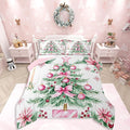 Feelyou Pink Christmas Comforter Set Queen Size Xmas Tree Bedding Set for Kids Boys Girls Xmas Ornaments Duvet Quilt Snowflake Bow Bedroom Decor Microfiber 3 Pcs with 2 Pillow Cases