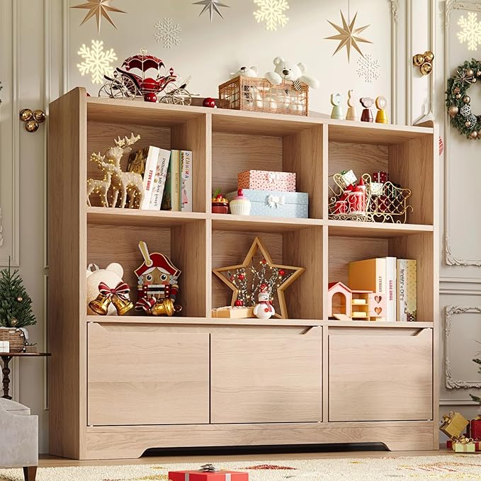 Kids Bookshelf and Toy Organizer, 2 Tier Kids Book Shelf for Kid Rooms with 2 Doors, 6 Cubes Storage Organizer,Wood Children Bookcase,Freestanding Toddler Book Display Shelf for Playroom