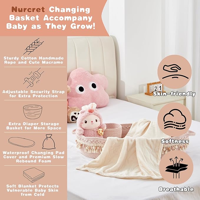 Baby Changing Basket, Foldable Portable Changing Pad, Moses Basket for Newborn, Changing Table Topper for Dresser, Cotton Rope Diaper Caddy for Travel&Nursery, Waterproof Foam Pad Cover, Pink