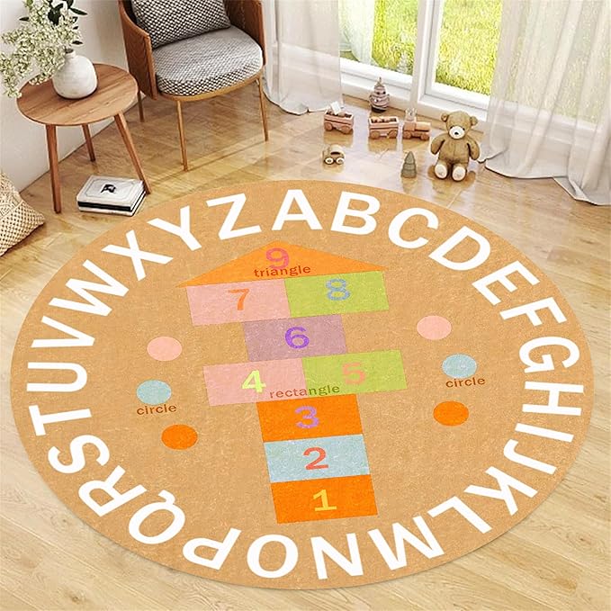 Children's Game Round Rug,3ft,ABC Alphabet Rug, Fun and Educational Hopscotchrug, Soft Non-Slip Children's Room Rug for Classroom, Nursery, Playroom, Playmat