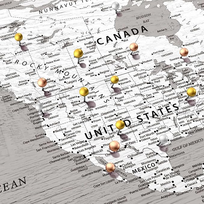 ElephantStock - Let's Travel II Push Pin World Map Wall Art - Horizontal Canvas Wall Art - Living Room Wall Decor - Digital Art Map Canvas Art - Gray And White Decor - 30" x 20"