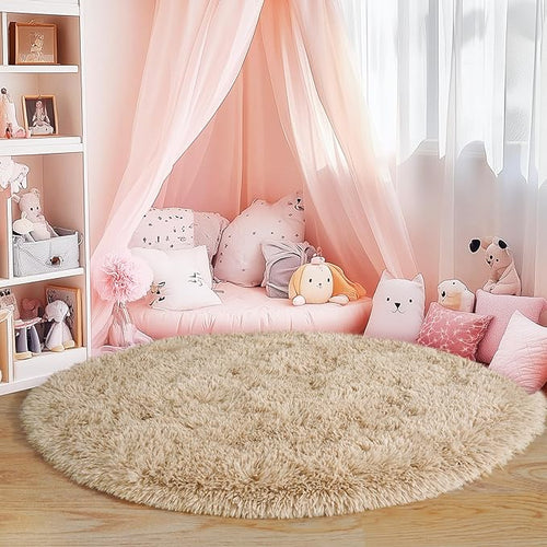 6‘x6’ Beige Round Rug for Bedroom, Ultra Soft Fluffy Circle Rug for Kids Girls Boys Room, Cute Shag Rugs for Living Room Playroom Tent Castle Home Decor Rug