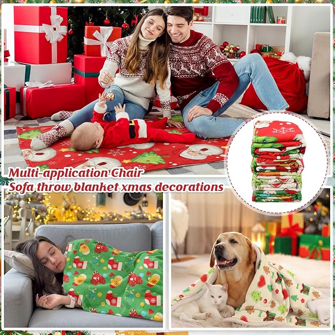 Buryeah 4 Pack Christmas Throw Blankets Bulk Snowmen, Hearts, Santa, Snowflakes, Xmas Tree Soft Cozy Christmas Plush Flannel Blanket for Sofa, Bed, Couch, Home Decor Xmas Supplies, 40 x 50 Inches