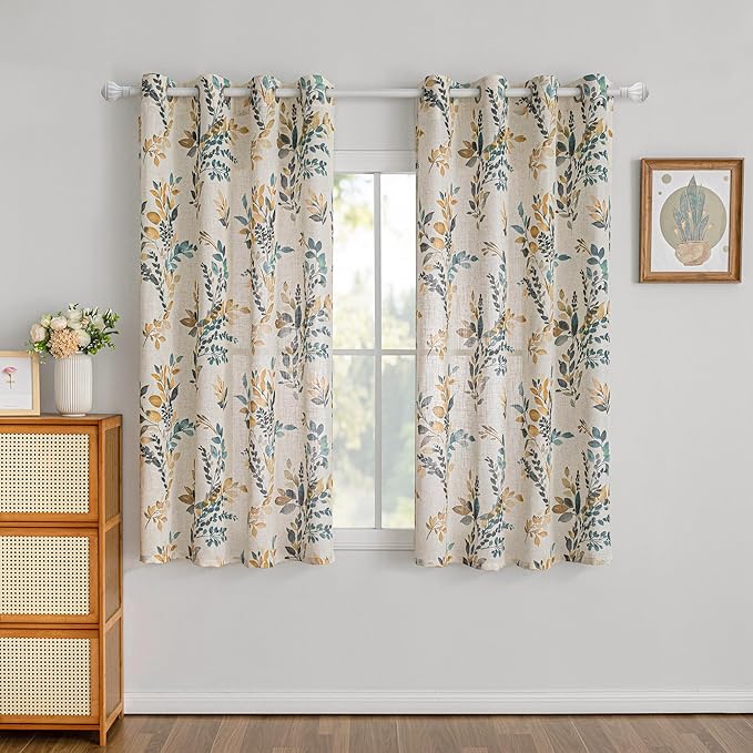 MYSKY HOME Bedroom Linen Look Semi Sheer Floral Curtains 63 inch Length 2 Panels for Kitchen Small Window Kids Room Decor Leaves Pattern Light Soften Privacy Drapes, Yellow and Blue, 2Pcs