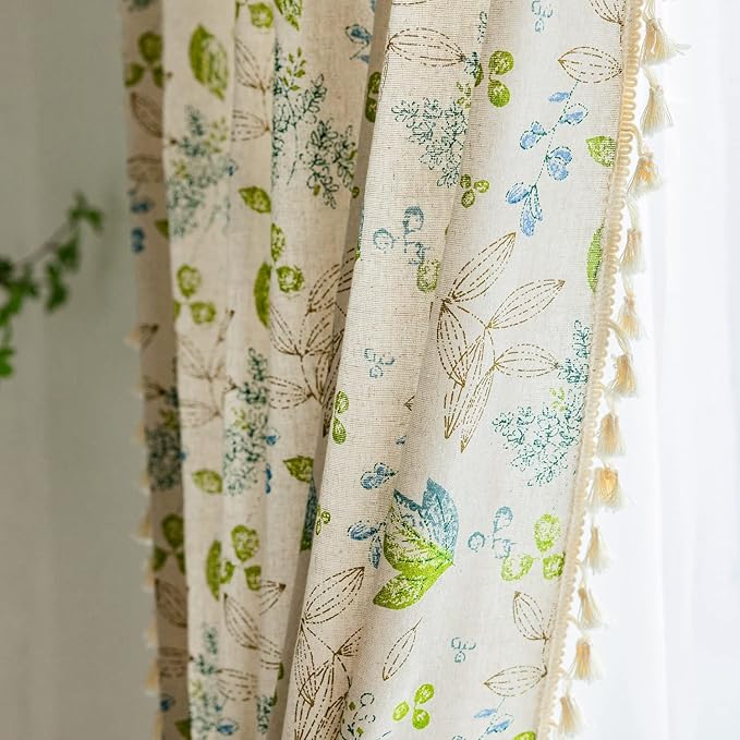 ENJOYBRIDAL Leaf Curtains 84 Inch Length 2 Panels Tassel Boho Semi Sheer Drapes Bedroom Living Room Farmhouse Floral Rustic Country Rod Pocket Cotton Linen Blend Window Curtain Panel