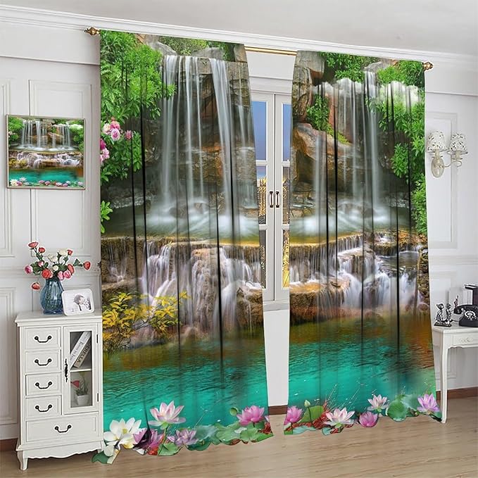 Waterfall Blackout Window Curtains, Rocky Waterfall to Pond Running Off Scenic Nature Themed Picture Print Window Drapes, for Living Room Bedroom 42x45in 2 Panels