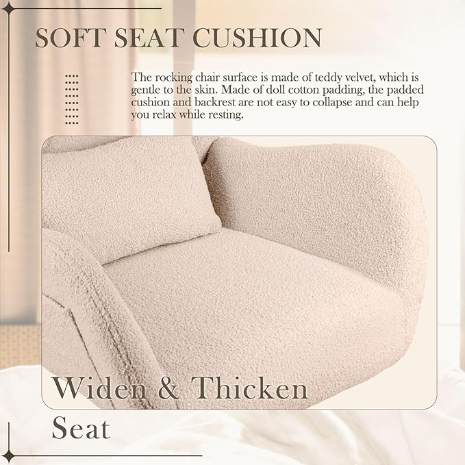 Waleaf Teddy Upholstered Rocking Chair Indoor with High Backrest Glider, Padded Seat Nursing Chair Comfy for Bedroom (Beige)