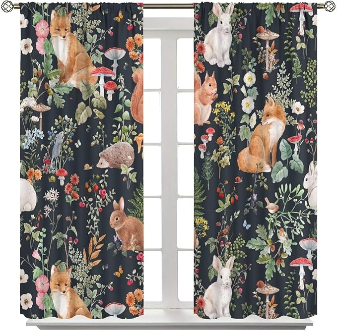 Animal Curtains, Watercolor Forest Animals Plants Pattern Blackout Window Treatments, Rod Pocket Thermal Insulated Drapes 2 Panel Sets for Bedroom Living Room, 72" W X 63" L