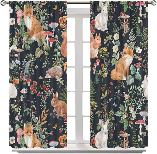 Animal Curtains, Watercolor Forest Animals Plants Pattern Blackout Window Treatments, Rod Pocket Thermal Insulated Drapes 2 Panel Sets for Bedroom Living Room, 72" W X 63" L