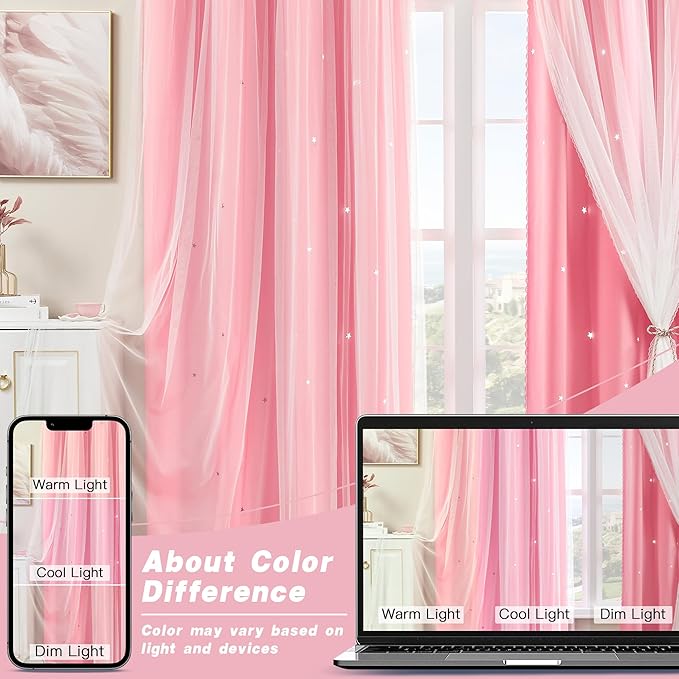 XiDi Pink Curtains with Sheer Overlay for Girls Bedroom 2 Panels Blackout Double Layer Curtains 54 Inches Length for Kids Princess Nursery Room Star Cut Out Grommet Small Window Drapes W34 X L54