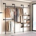 Industrial Pipe Clothing Rack,Wall Mounted Clothies Rack with Shelves, Heavy Duty Closet Organizers Wardrobe Multi-Purpose Storage Clothes Hanging Shelf-94.5''L Black