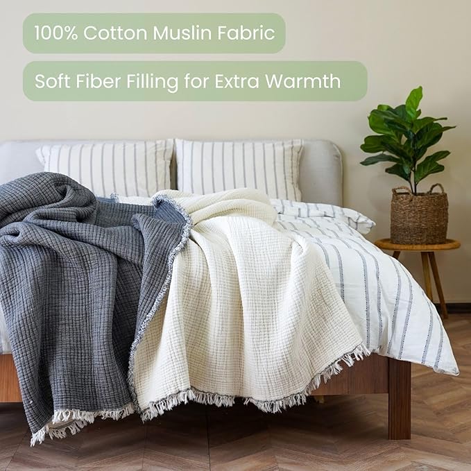 Christmas Muslin Comforter – Cotton Muslin Blanket with Soft Fiber Filling, Breathable & Cozy Muslin Throw Blanket, Reversible Holiday Quilt (Charcoal Gray, King (U.S. Standard))