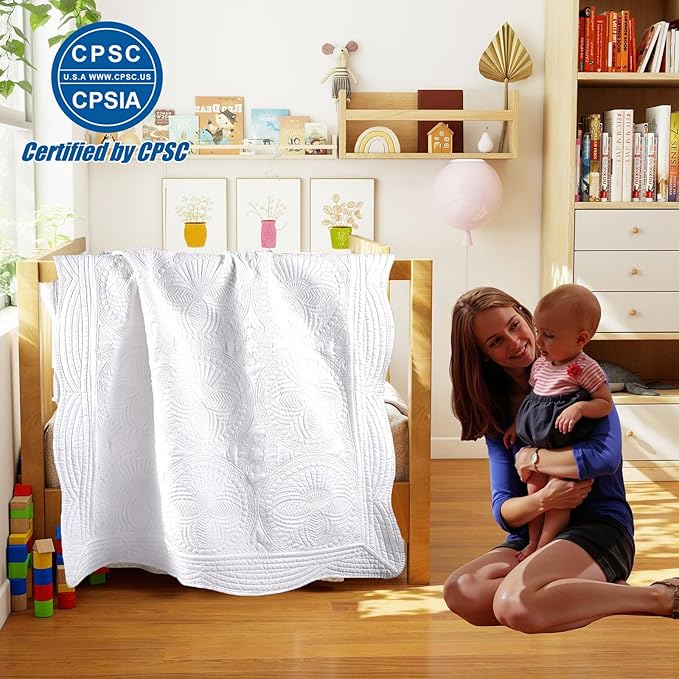 PEACELOVER Embossed Neutral Baby Quilt Durable, Lightweight Baby Blankets Four Seasons for Personlized Monogram Cotton Quilted Blanket Toddler Quilt for Boys and Girls 46x36 Inches (White)