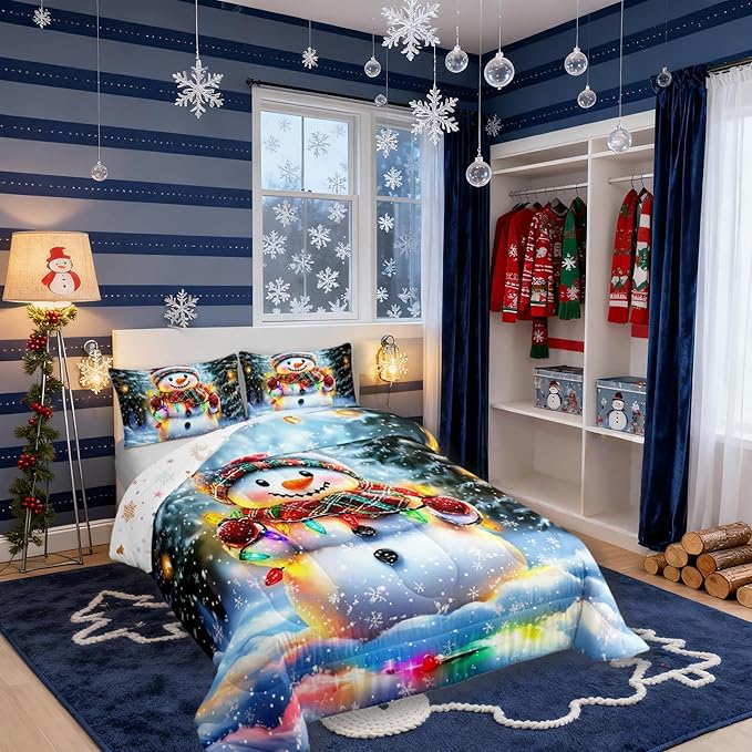 Lovely Snowman Comforter Set King Size,Xmas Colorful Lanterns Snowflake Kids Bedding Set,Winter Merry Christmas Quilt Comforter,Rainbow Duvet Insert,2 Pillowcases