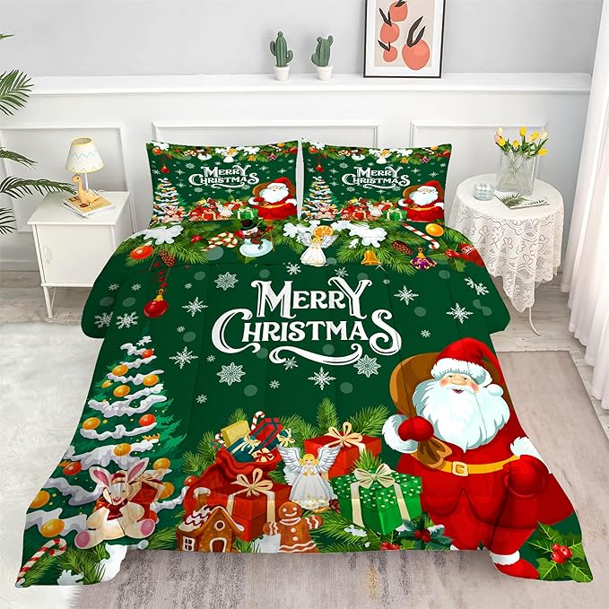 Green Christmas Comforter Queen: Merry Xmas Santa Claus Bedding Set Queen Size for Teens Adults Kids Pine Tree Gifts Gingerbread Quilt Bed Set 1 Comforter & 2 Pillowcases
