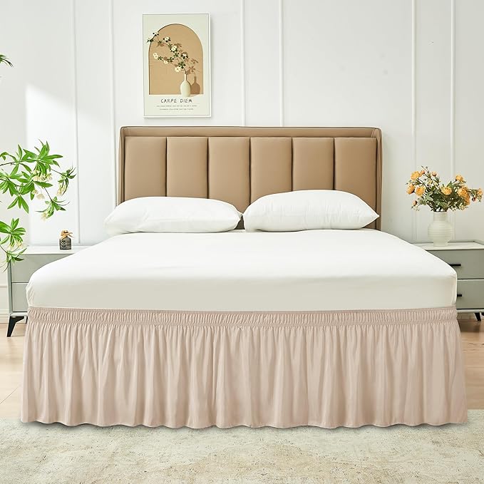 Biscaynebay Wrap Around Bed Skirts with Adjustable Belts for Twin & Twin XL Beds 15" Drop, Sand Elastic Dust Ruffles Easy Fit Wrinkle Resistant Silky Luxurious Fabric Machine Washable