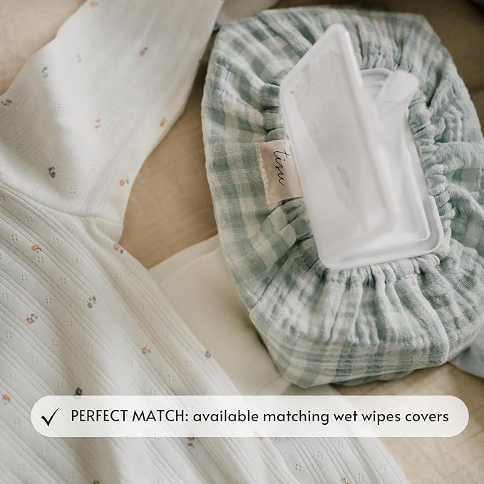 TISU Gingham Diaper Changing Pad Cover, 16 x 32 inches, Soft Muslin Cotton, Elastic Band, Check Pattern (Light Mint Gingham)
