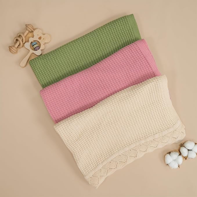 Baby Knit Blanket, 100% Cotton Waffle Patterns, Soft, Cozy, Lightweight Swaddle for Newborn & Infant Swaddling Beige Neutral, Perfect Baby Shower Ideas Red 30x40