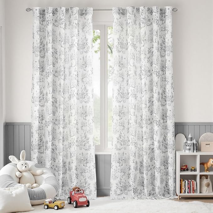 jinchan Linen Nursery Curtains 96 inch Long Woodland Wildlife Grey Print Drapes for Kid's Room Light Filtering French Country Farmhouse Gray Curtains with Bunny and Forest Design Set of 2 Panels