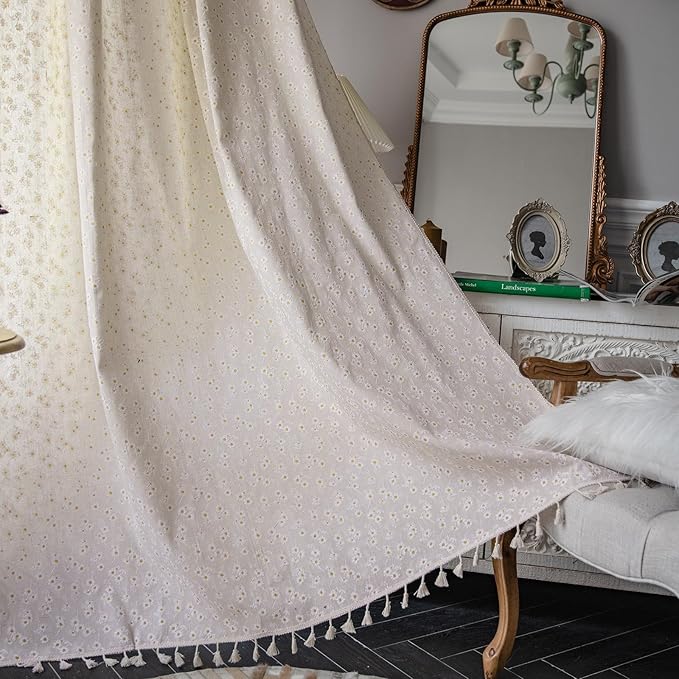 ENJOYBRIDAL Floral Curtains 84 Inch Length 2 Panels Tassel Drapes Rod Pocket Semi-Sheer Boho Daisy Bedroom Living Room Farmhouse Rustic Bohemian Window Curtain Panels