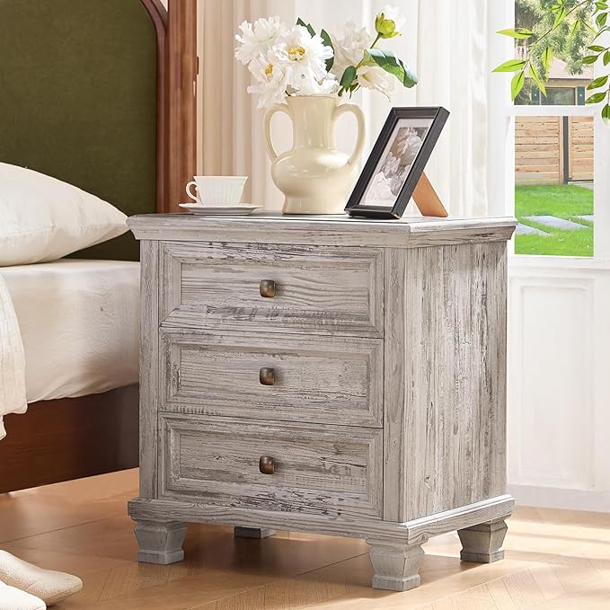 Farmhouse Bedroom Dresser and Nightstand Set of 4, 6 Drawer Tall & Low Dresser & 3 Drawer Nightstand Set with Wooden Legs, Rustic Wood Furniture Sets for Bedroom, Hallway, Grey