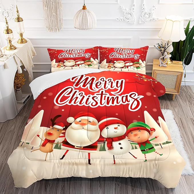 Christmas Comforter Sets Queen Size Xmas Santa Gnomes Bedding Sets Snowing Santa Claus Quilt for Bedroom,1 Comforter + 2 Pillow Cases
