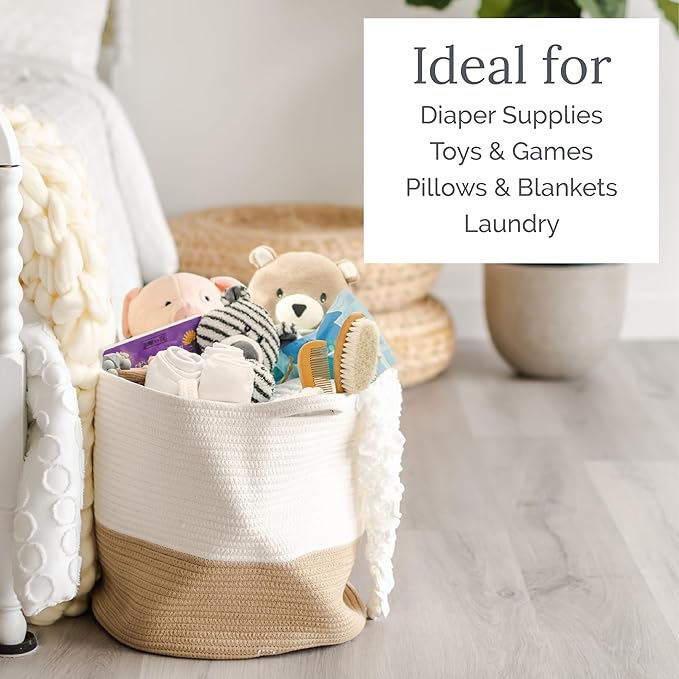 Natemia Large Woven Storage Basket (15" x 15" x 14") - Baby and Toy Organizer, Blanket Basket, Perfect Baby Registry Gift