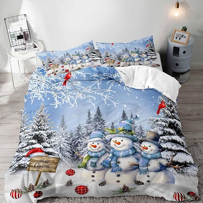 LUVIVIHOME 3PCS Snowman Duvet Cover Queen Bedding Set, Boys Girls Kids Bedding, Red Cardinal Bird Santa Hat Xmas Balls Christmas Tree Winter Holiday Light Blue Christmas Comforter Cover 2 Pillow Cases