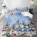 LUVIVIHOME 3PCS Snowman Duvet Cover King Bedding Set, Boys Girls Kids Bedding, Red Cardinal Bird Santa Hat Xmas Balls Christmas Tree Winter Holiday Light Blue Christmas Comforter Cover, 2 Pillow Cases