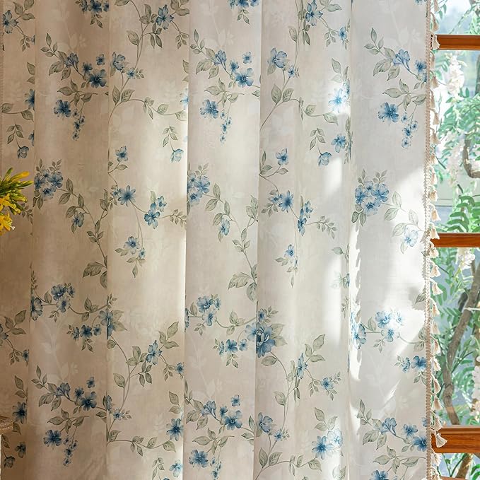 ENJOYBRIDAL Blue Floral Curtains 63 Inches Long Bedroom Cute Drapes Rod Pocket Boho Semi Sheer Short Window Curtain Panels Rustic Living Room Farmhouse 2 Panels Vintage Window Treatments
