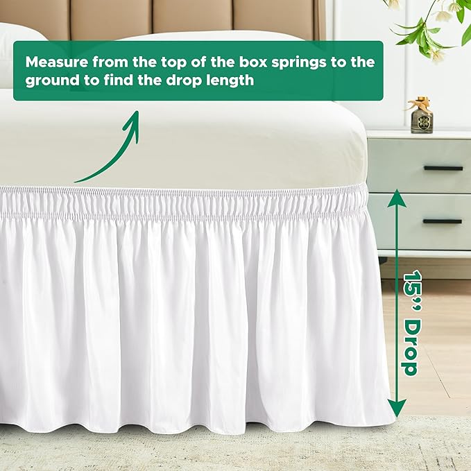 Biscaynebay Wrap Around Bed Skirts for King & Cal King Beds 15" Drop, White Adjustable Elastic Dust Ruffles Easy Fit Wrinkle & Fade Resistant Silky Luxurious Fabric Machine Washable
