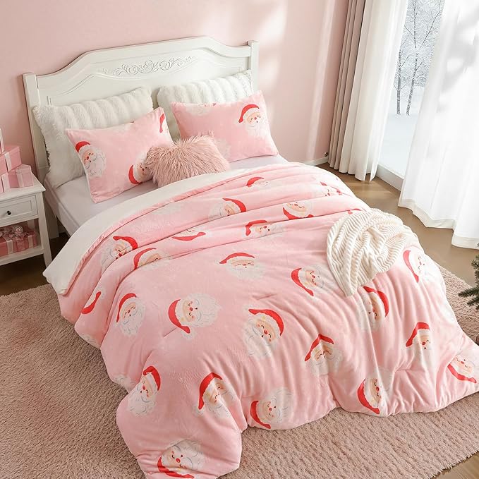 JANZAA Christmas Queen Comforter Set, Pink Flannel Comforter with Santa Pattern, Soft Cozy Lightweight Bedding Set Fluffy Comforter Set 1 Queen Comforter(90"*90") and 2 Pillowcases (20"*26")