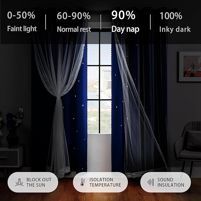 XiDi Black Out Curtains for Bedroom, Double Layer, Unicorn Pattern, Navy Blue