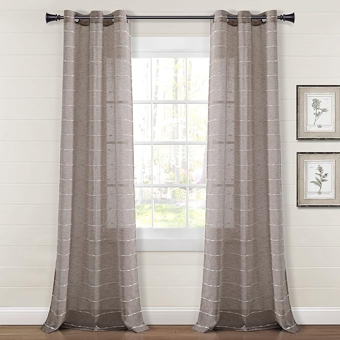 Lush Decor Farmhouse Textured Grommet Sheer Window Curtain Panel Pair, 38"W x 120"L, Brown