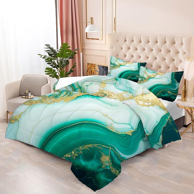 Comforter Set Green Marble: Queen Size Emerald Green Gold Bedding Set for Teen Girls Kids Adults Abstract Turquoise Watercolor Marbling Quilt Bed Sets 1 Comforter & 2 Pillowcases