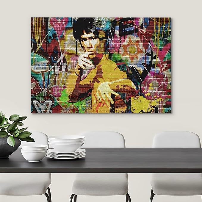 SIGNWIN Canvas Print Wall Art Kung-Fu Martial Artist Graffiti Street Art Portrait Celebrities Hollywood Cultural Pop Art Decorative Urban for Living Room, Bedroom, Office - 32x48 inches
