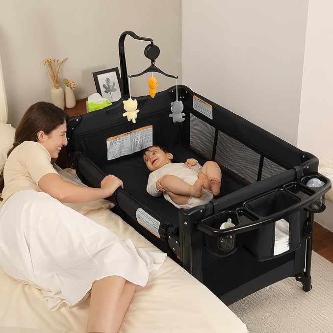Pack and Play, Baby Bassinets Bedside Sleeper, Portable Crib, Diaper Changing Table & Baby Play Yard - Breathable Mesh & Steel Frame - Foldable for Newborn to Toddler (Black)