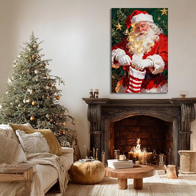 YONICA Christmas Canvas Wall Art Stocking Santa 12x16 Inch Oil Painting Filling Christmas Sock - Large Framed Gallery Wrapped Family Tradition